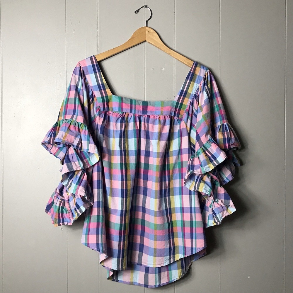 TERRA & SKY COLORFUL PASTEL PLAID PEASANT BLOUSE RUFFLED COTTAGECORE WOMENS 1X